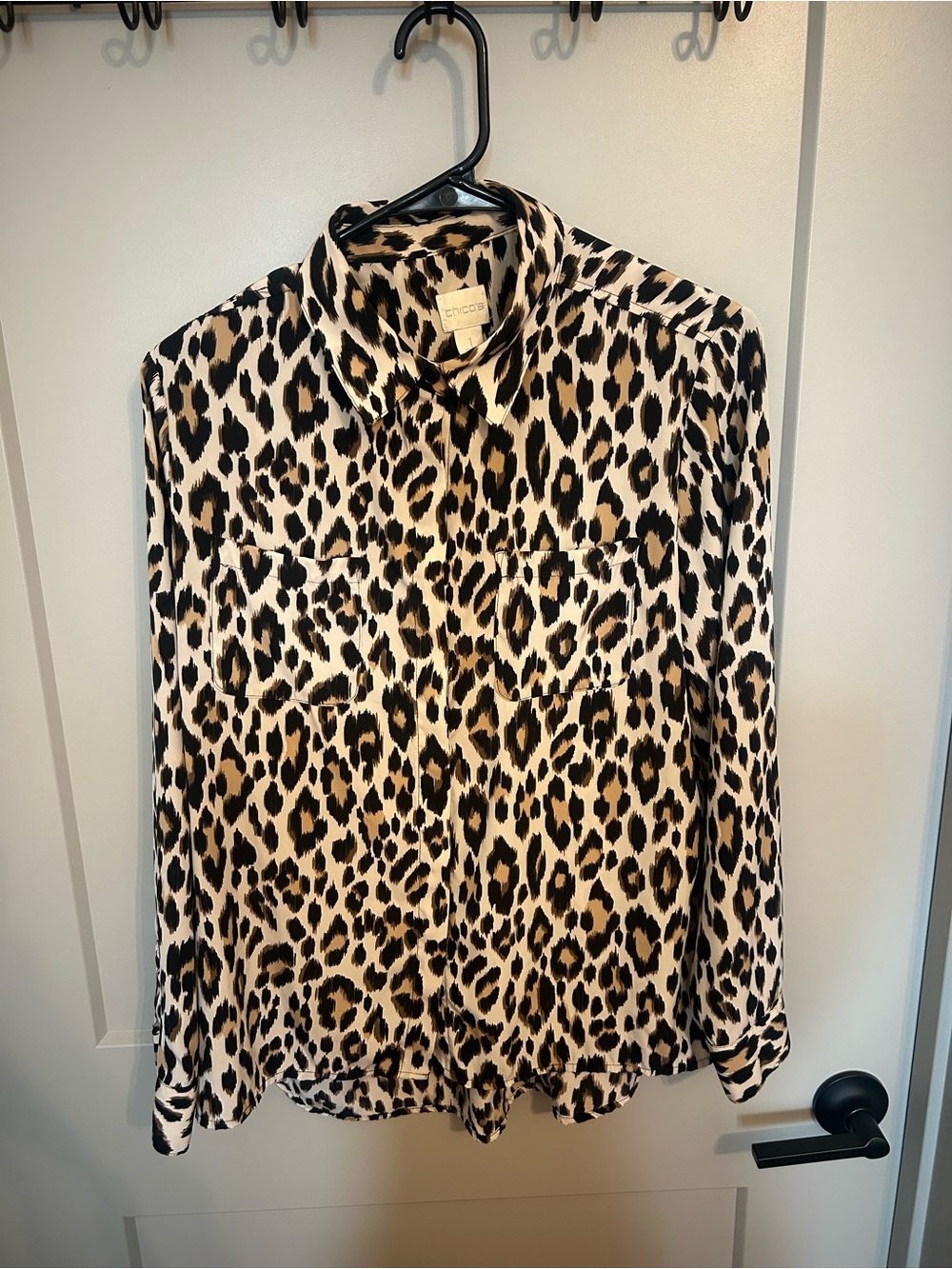 Chico’s- Leopard Print Button-Front Shirt in Black, White, Brown